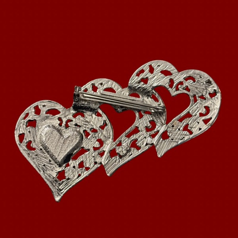 Vintage Silver and Black Scrollwork Filigree Triple Heart Brooch