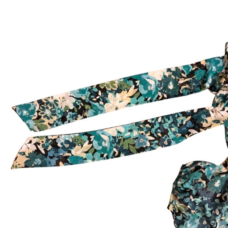 Sheer Blue/Green Floral Puffed Sleeve Peasant Top w/ Sash (L)