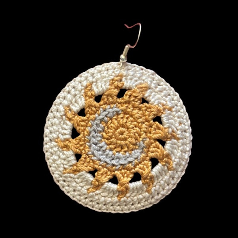 Cream Sun and Moon Micro-crocheted Disc Earrings | Made by Maya
