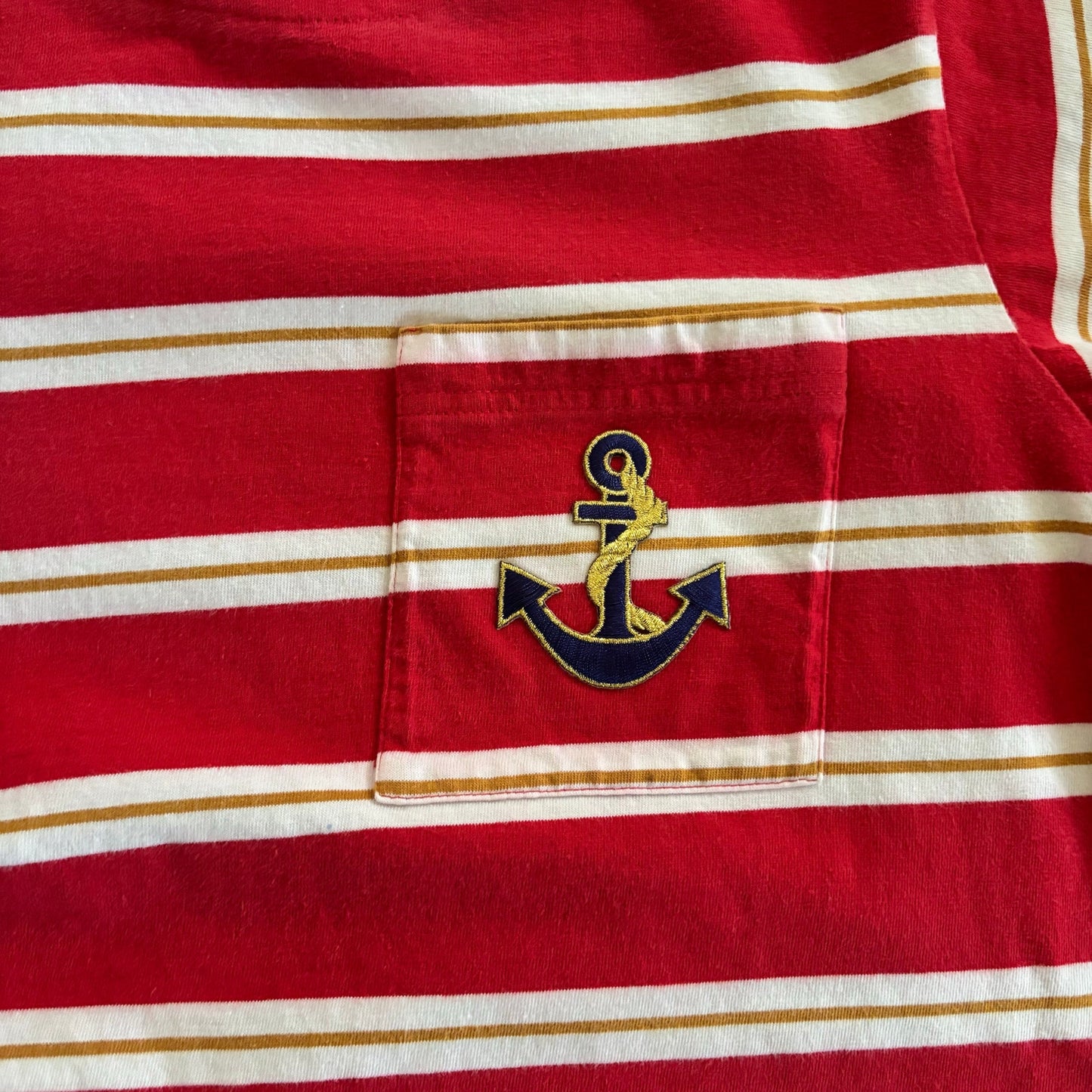 Vintage Anchor Patch Red/Yellow/White Striped Short Sleeve Top (L)