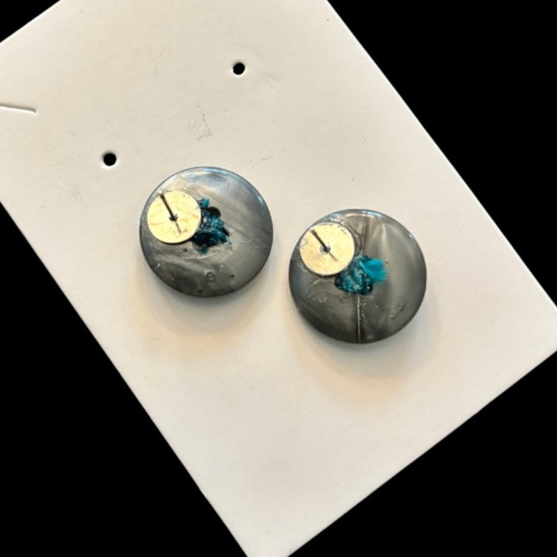 Faux Grey Mother of Pearl Button Stud Earrings
