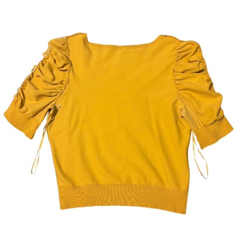 Mustard Yellow Beaded Flower Ruched Half Sleeve Cardigan (Large)