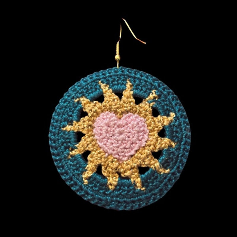 Pink, Gold, & Teal Hearts on Fire Micro-crocheted Disc Earrings