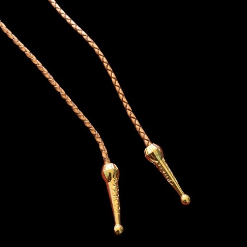 Shiny & Matte Gold Toned Chunky Swirl Camel Brown Leather Cord Bolo Tie