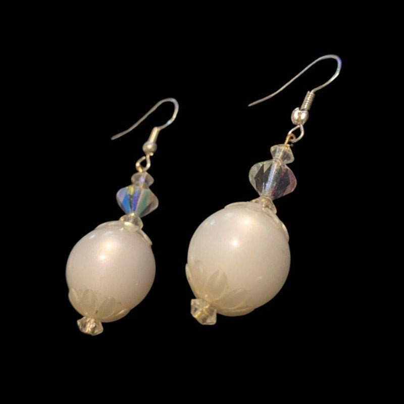 White Mock Crystal and Pearl Beaded Drop Earrings | Upcycled Vintage