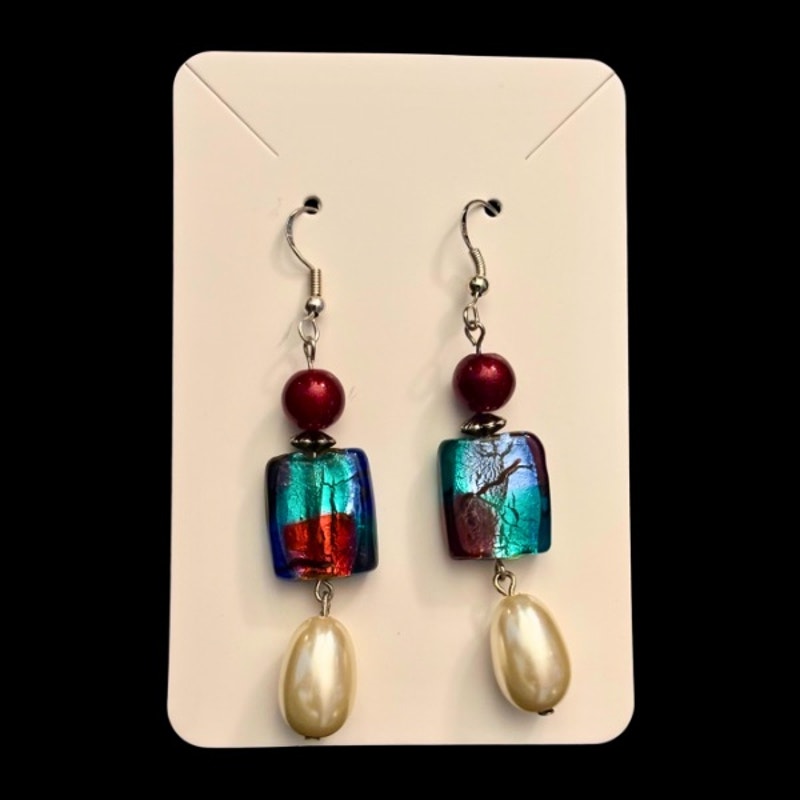 Baroque-Inspired Red, Multi Blue, & Pearl Bead Drop Earrings