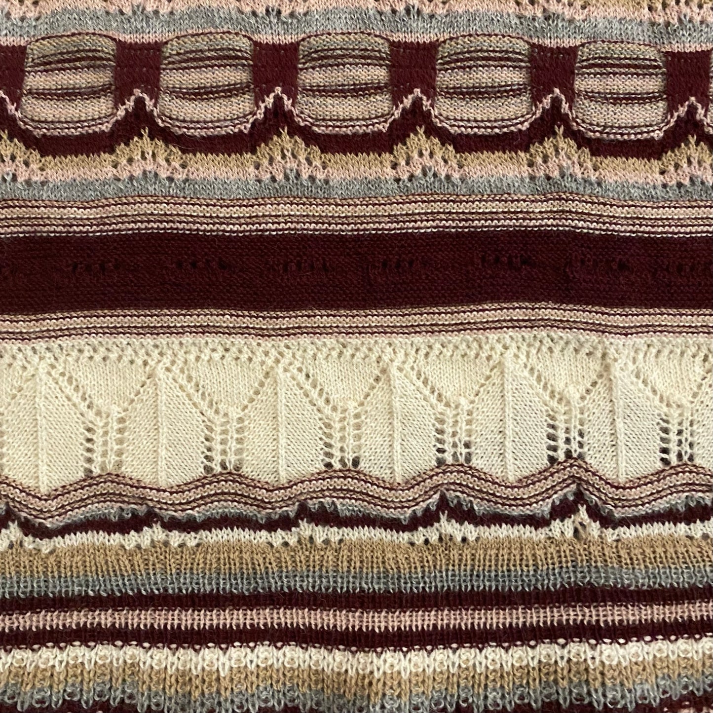 NWT V-Neck Pink/ Burgundy/ Cream/ Striped Baby Alpaca Wool Knit Ruffle Hem Dress (M)