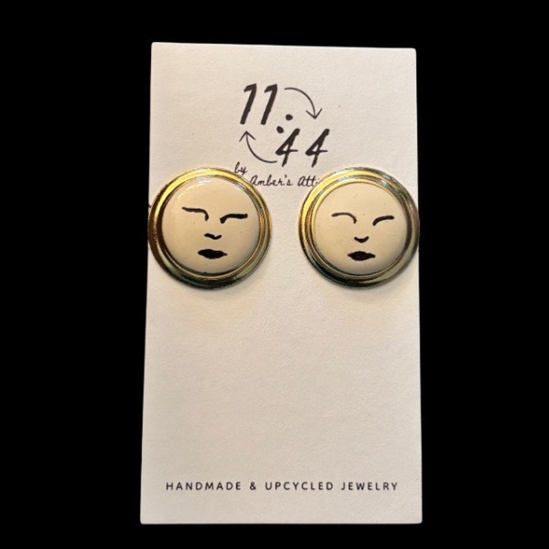 Handpainted Vintage Gold Frame Moon Face Stud Earrings