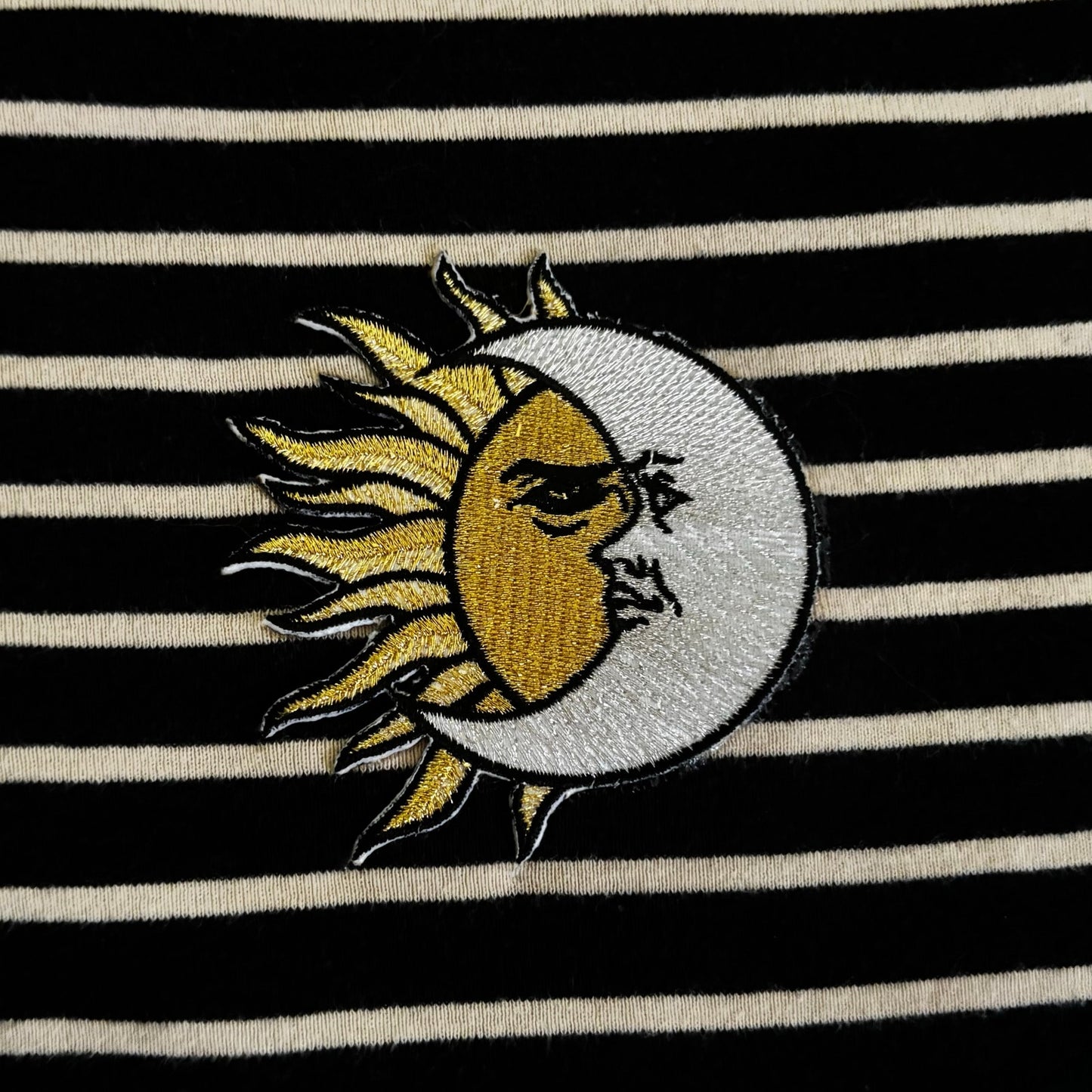 Vintage Sun and Moon Patch Black and Beige Striped 3/4 Sleeve Boat Neck Knit Top (XL)