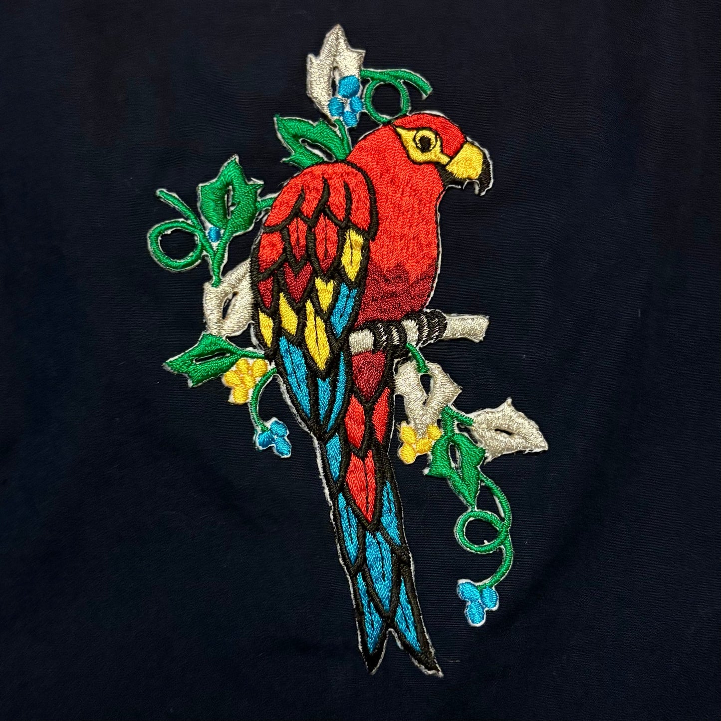 Vintage Embroidered Cotton Parrot Patch Black Navy Spaghetti Strap Cotton Crop Top (JL)