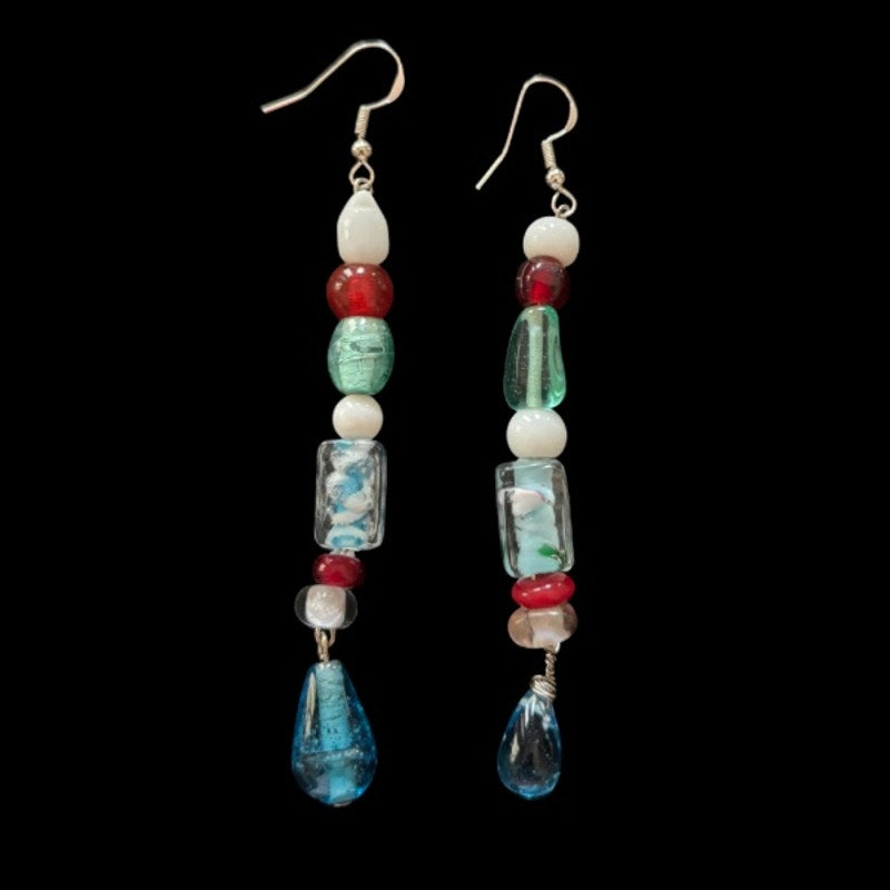 Abstract Red, White, and Blue Stacked Glass Bead Drop Earrings