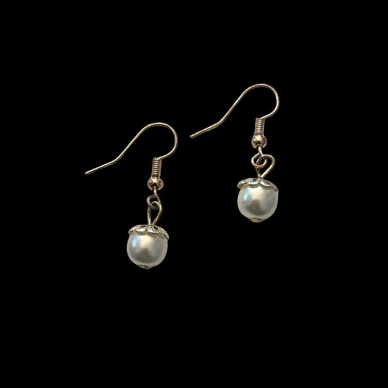 Dainty White Mock Pearl Drop Earrings | Upcycled Vintage