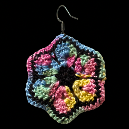Rainbow & Black Micro-crocheted Cotton Flower Earrings