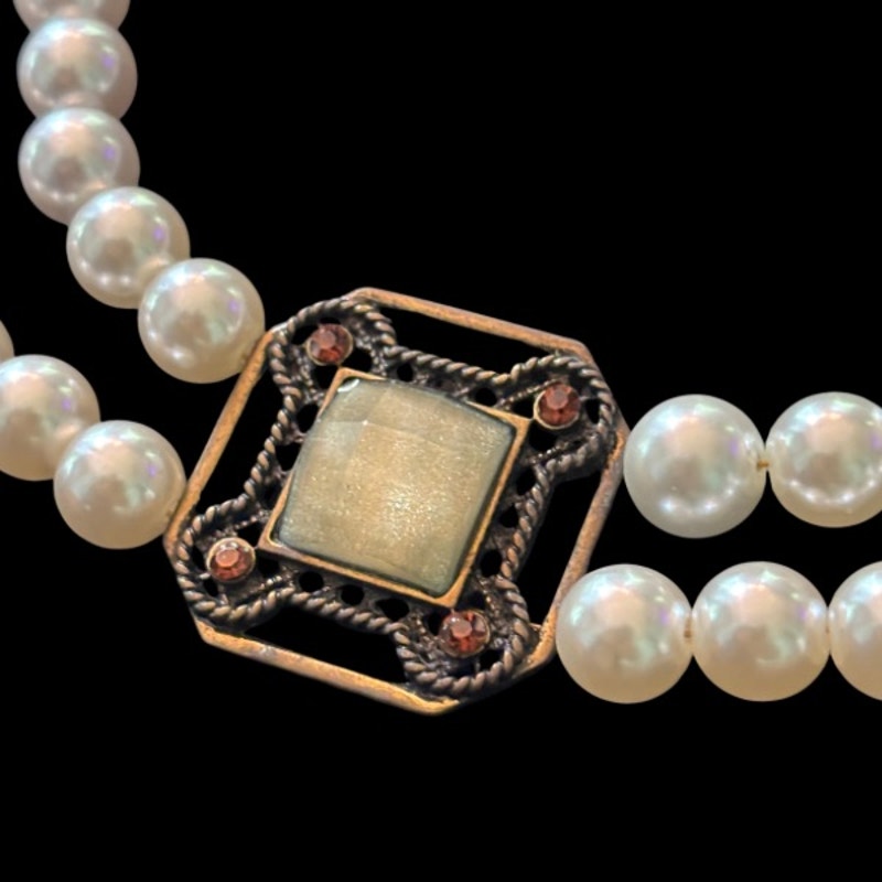 Double Strand Pearl Necklace with Square Vintage Costume Jade & Amber Rhinestone Studded Bronze Pendant