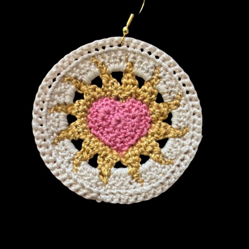 Pink, Gold, & Cream Hearts on Fire Micro-crocheted Disc Earrings