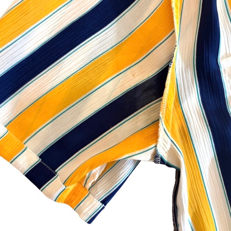 Vintage Textured Satin Yellow, White, & Blue Striped Short Sleeve Shirt (M/L)