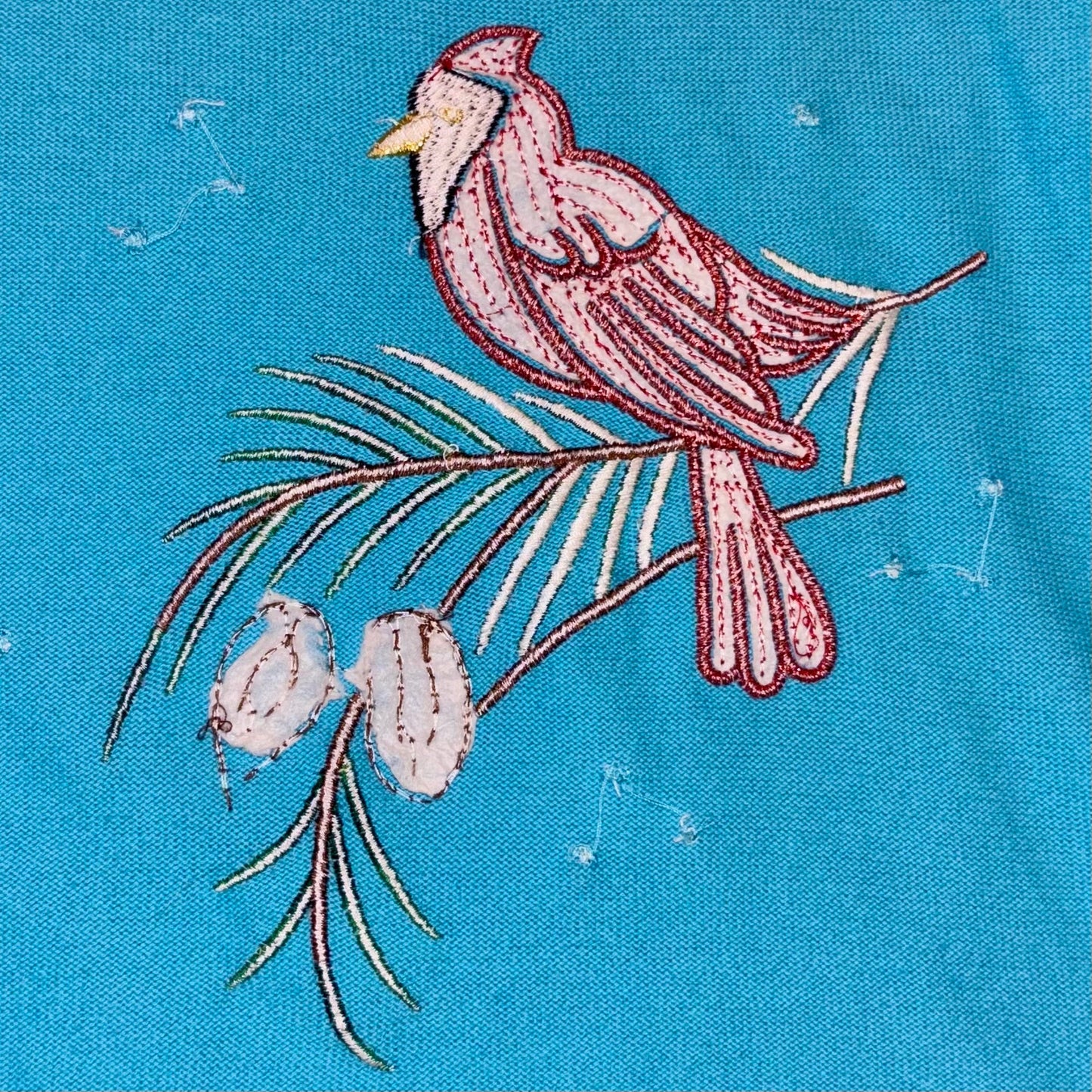 Y2K Aqua Blue Sequin Embroidered Red Cardinal in the Pines Sweater (M)