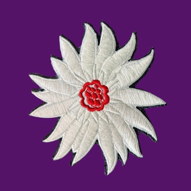 Large White and Red Edelweiss Blossom Vintage Embroidered Patch Pin
