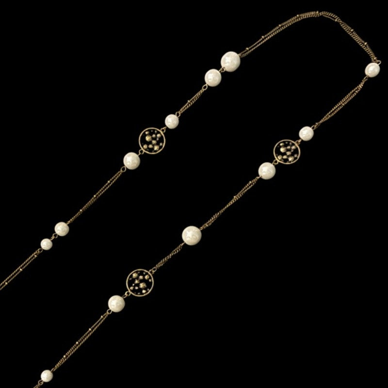 Vintage Bronze-tone Costume Pearl Bead & Rhinestone Studded Chain Necklace/ Belt (35”)