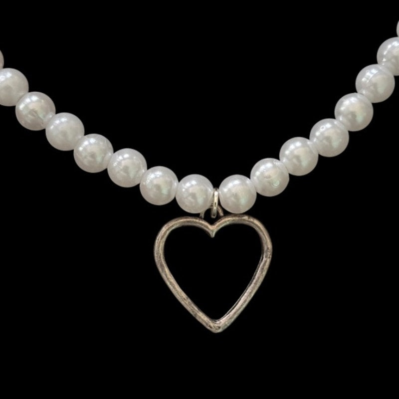 Silver Heart Pendant Pearl Choker Necklace | Handmade with Secondhand Materials