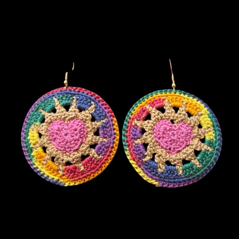 Pink, Gold, & Rainbow Hearts on Fire Micro-crocheted Disc Earrings
