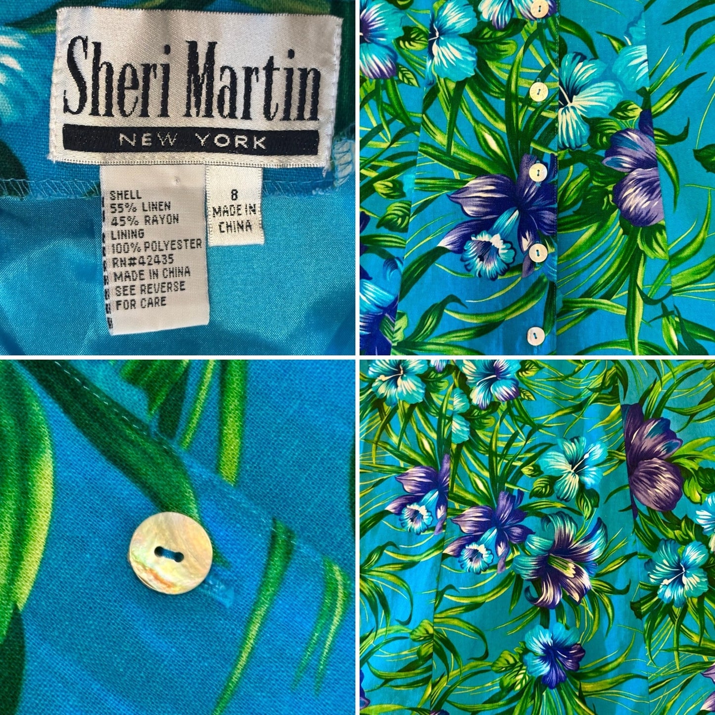 Vintage Blue & Purple Hibiscus Floral Print Sleeveless Button Down A-Line Tea Length Dress (M)