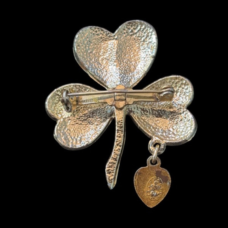 Vintage Gold Toned 3-Leaf Clover Brooch with Mother Mary Charm