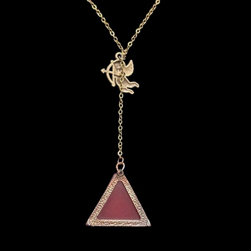 Bronze Cupid & Vintage Red Triangle Earring Layered Drop Pendant Necklace