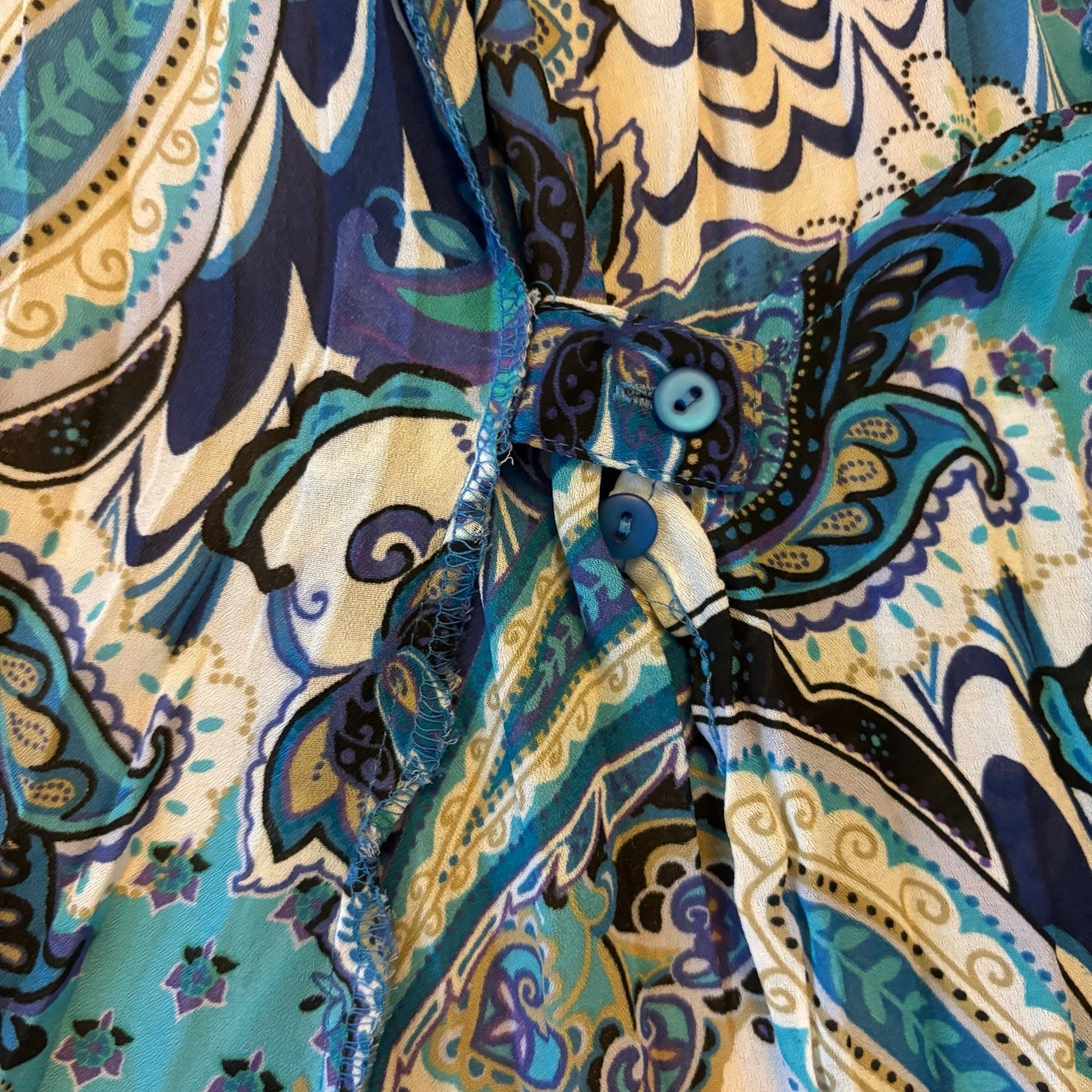 Y2K Sheer Blue Paisley Ruffle Collar Short Sleeve Wrap Top (L)