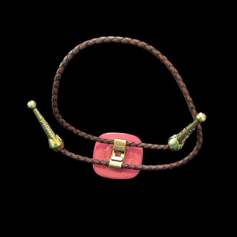 Upcycled Vintage Turquoise Blue/Multi Striped Border Square Bolo Bracelet