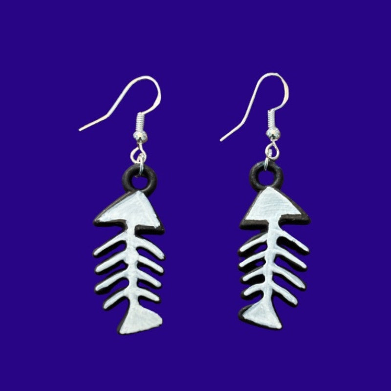 Black and White Handpainted Y2K Fish Skeleton Charm Earrings