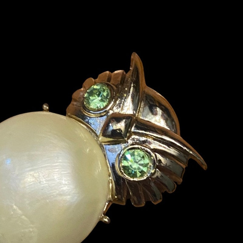 Vintage Pearly White “Jelly Belly” Gold Toned Green-Eyed Owl Brooch