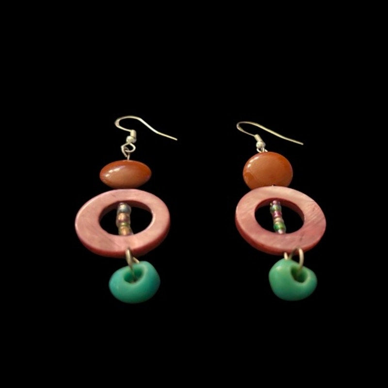 Burnt Orange, Fuchsia Pink Mother-of-Pearl Ring, & Teal Bead Drop Earrings