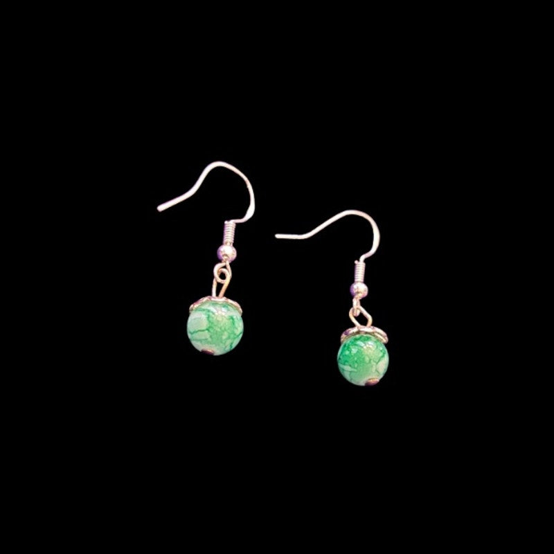 Dainty Green Marble Bead Drop Earrings | Upcycled Vintage