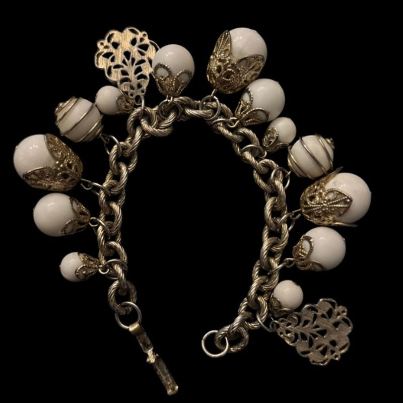 Vintage White & Silver Bauble Filigree Charm Chain Bracelet