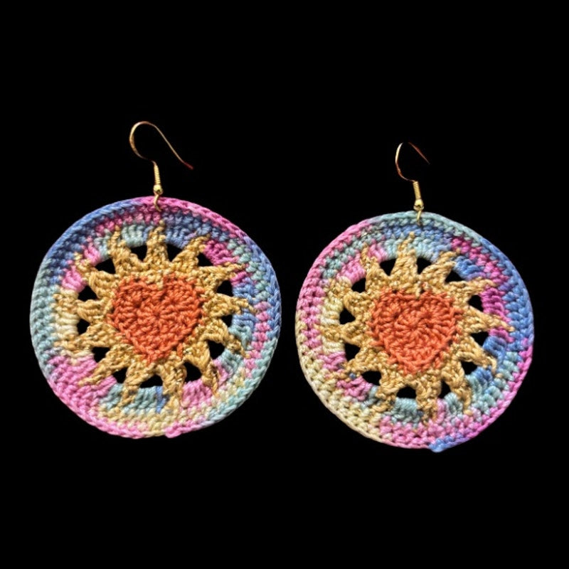 Orange, Gold, & Rainbow Hearts on Fire Micro-crocheted Disc Earrings