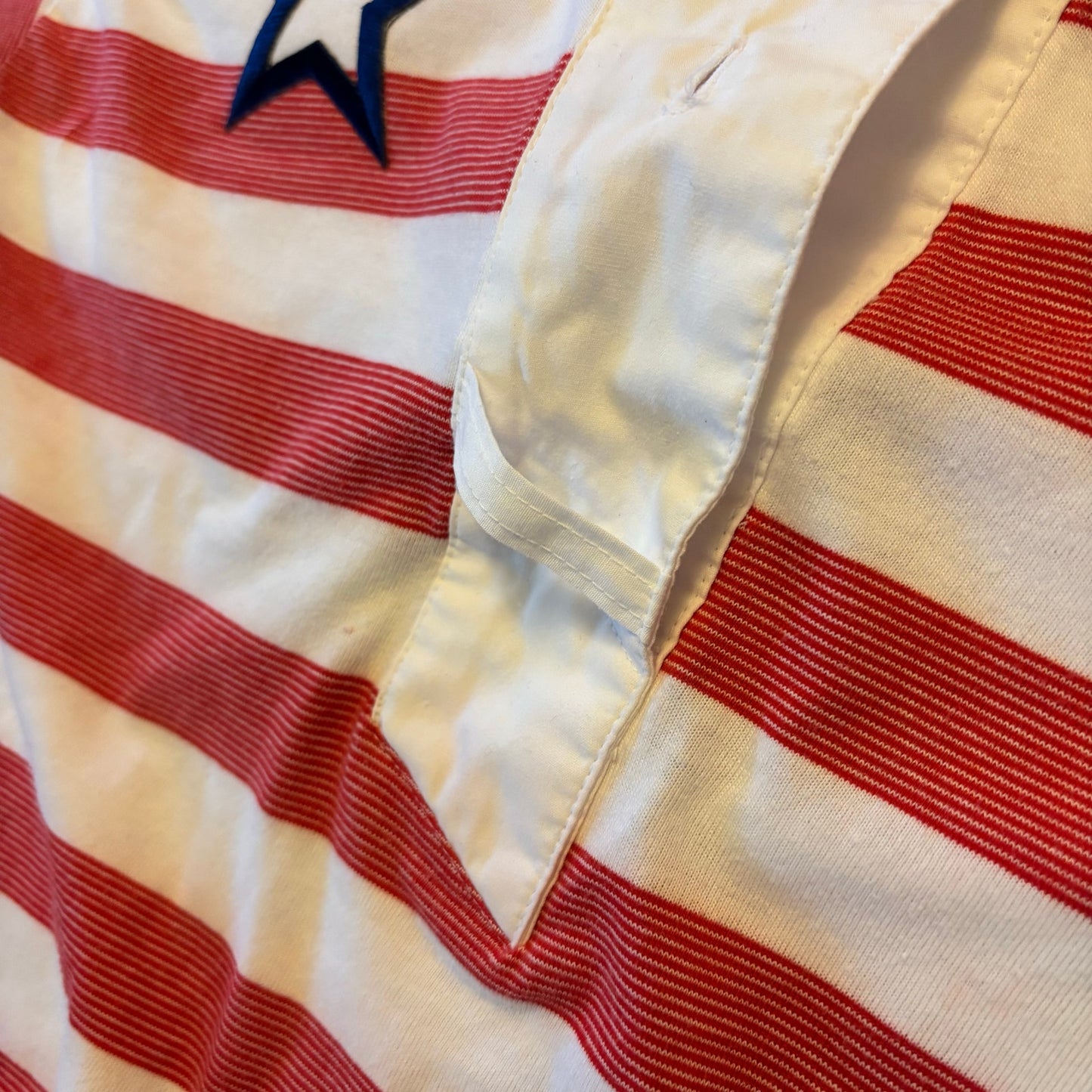 Vintage Navy Star Patch Red and White Rugby Striped Quarter Sleeve Ribbed Hem Button Down Shirt (M)