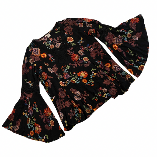 Vintage Black Floral Bell Sleeve Top (M)