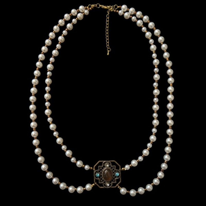 Double Strand Pearl Necklace with Square Vintage Costume Oval Amber, Sapphire & Clear Rhinestone Studded Bronze Pendant