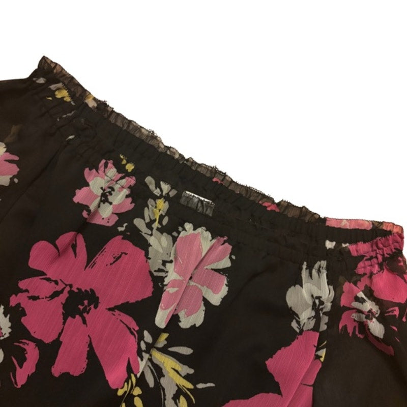 Off-Shoulder Black & Pink Floral Sheer Long Sleeve Shirred Hem Crop Top (12P)