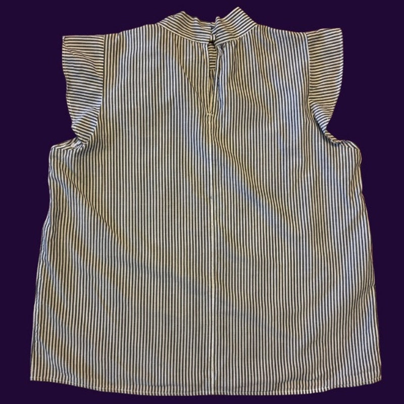 Vintage Cat Patch Flutter Cap-Sleeve Mock Neck Striped Blue and White Pussy Bow Cotton Top (L)