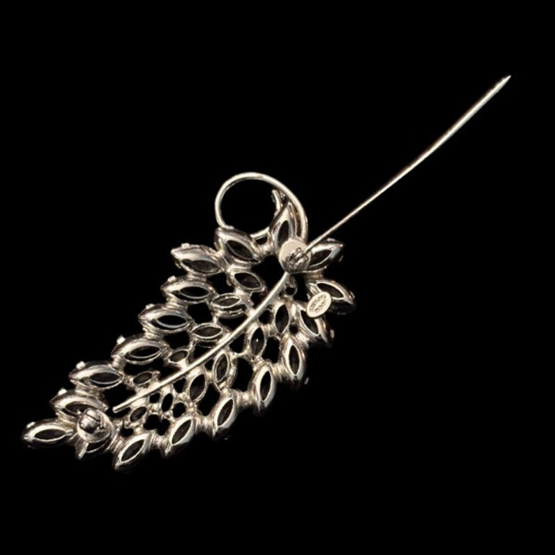 Vintage Clear Rhinestone Sterling Silver Leaf Brooch