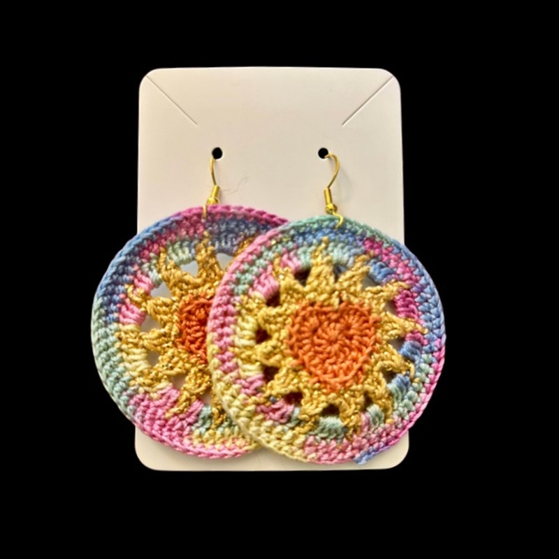 Orange, Gold, & Rainbow Hearts on Fire Micro-crocheted Disc Earrings