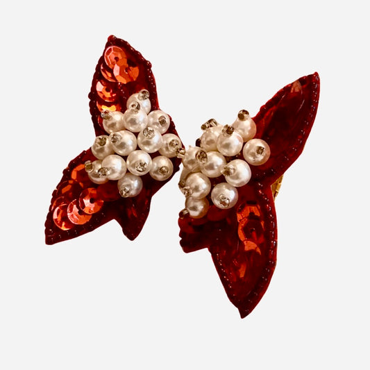 Red Sequin Pearl Beads Butterfly Wing Clip On Earrings