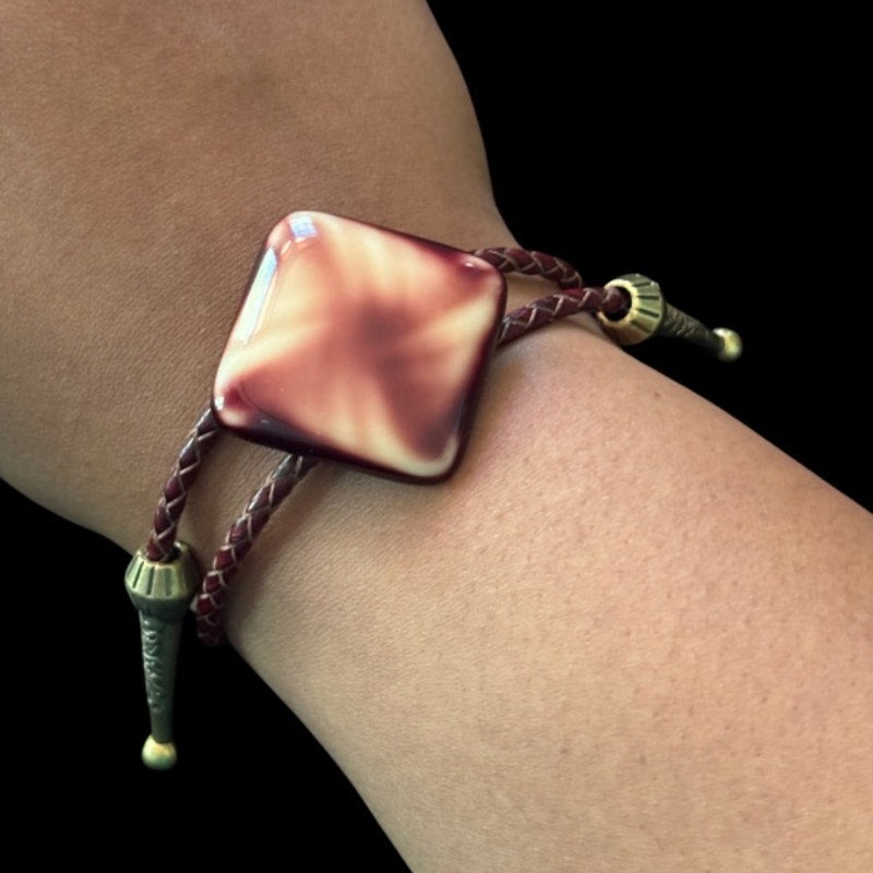 Upcycled Vintage Burgundy Cream Pinwheel Swirl Diamond Bolo Bracelet