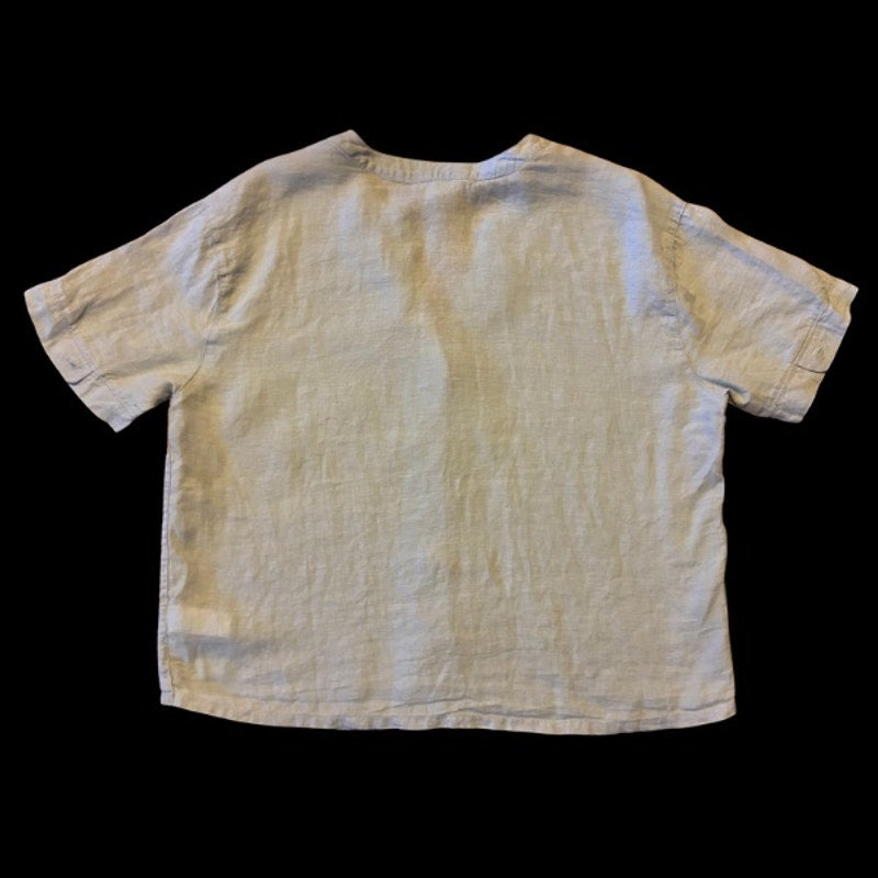 Vintage Sun & Moon Patch Sky Blue Linen Button Down Short Sleeve Shirt (Large)