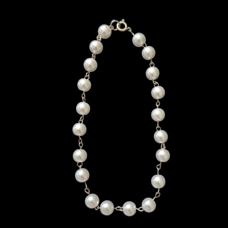 Silver White Pearl Beaded Chain Anklet (L)