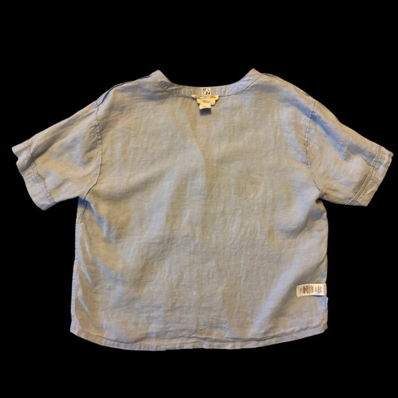 Vintage Sun & Moon Patch Sky Blue Linen Button Down Short Sleeve Shirt (Large)