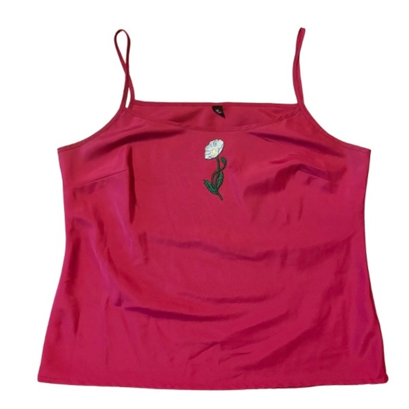 Vintage Light Blue Poppy Patch Embellished Hot Pink Camisole (Large)