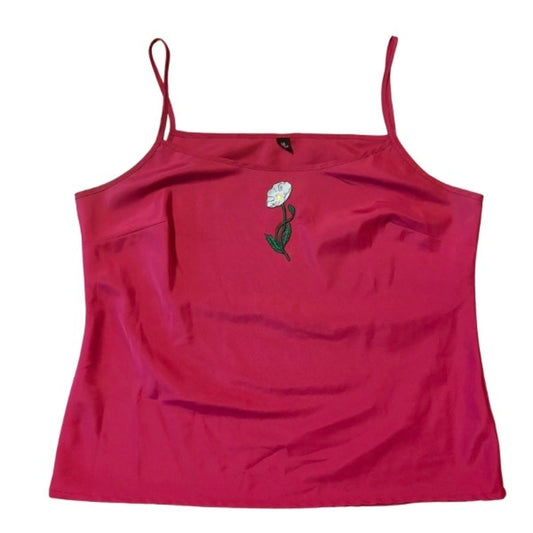Vintage Light Blue Poppy Patch Embellished Hot Pink Camisole (Large)